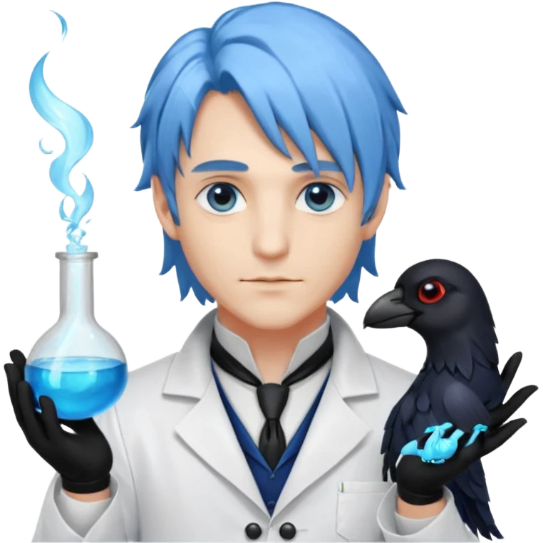 Handsome alchemist-scientist man with light-blue beautiful hair, handsome sexy, long hair tendril bangs down on the sides, white lab coat, blue cravat, black feathers on shoulder, raven companion, black gloves, red eyes emoji