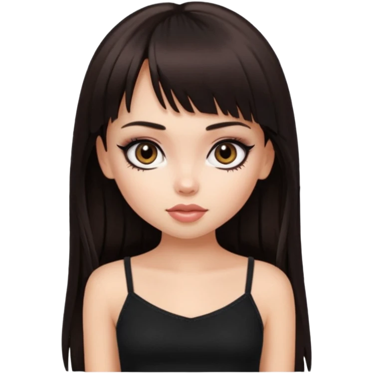 generate a pretty bratz girl in black cami top, dark brown straight long hair with bangs, eyeliner on. dark brown eyes emoji