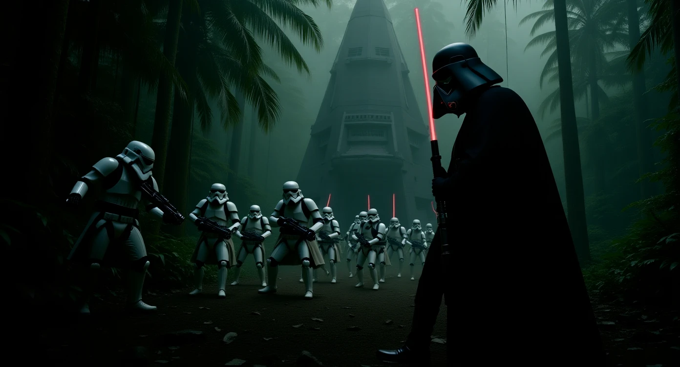 cinematic still, Medium shot, amazon jungle, Darth Vader around stormtroopers coming out from starship on ground, they are exploring the jungle, inspired by StarWars movie, captured by arri alexa emoji