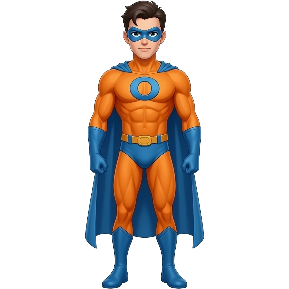 Anime men orange superhero suite very skinny blue line blue masks letters O full body emoji