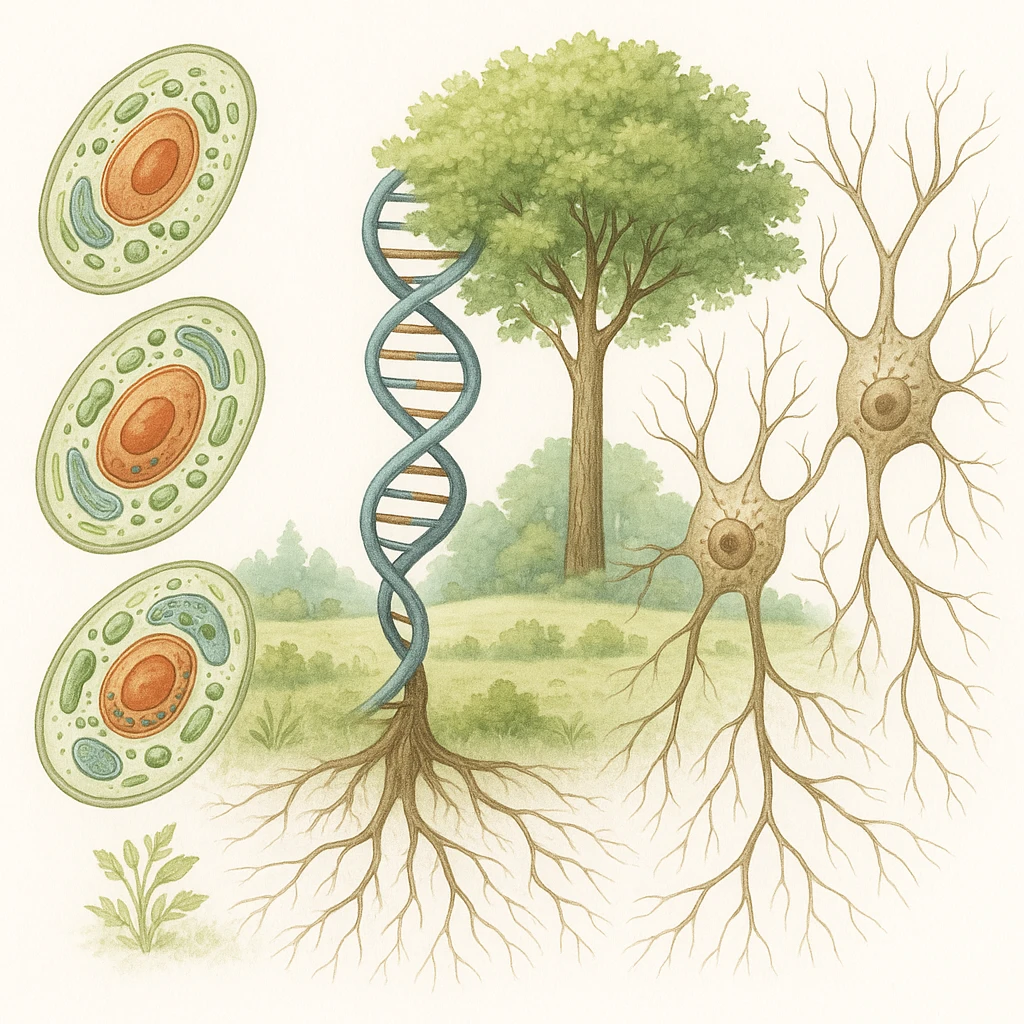 A realistic biological illustration (like in a school book) showing: DNA strands transitioning into a tree, cells with visible organelles, neurons connected to plant roots  and a balanced ecosystem background . Seamless integration, no labels or borders, white background, detailed but minimalist.  emoji