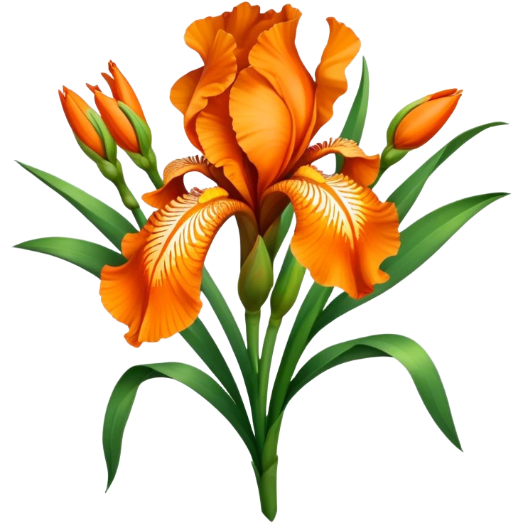 big bouquet Vibrant Orange Iris, luxuriant, leaf, bud emoji