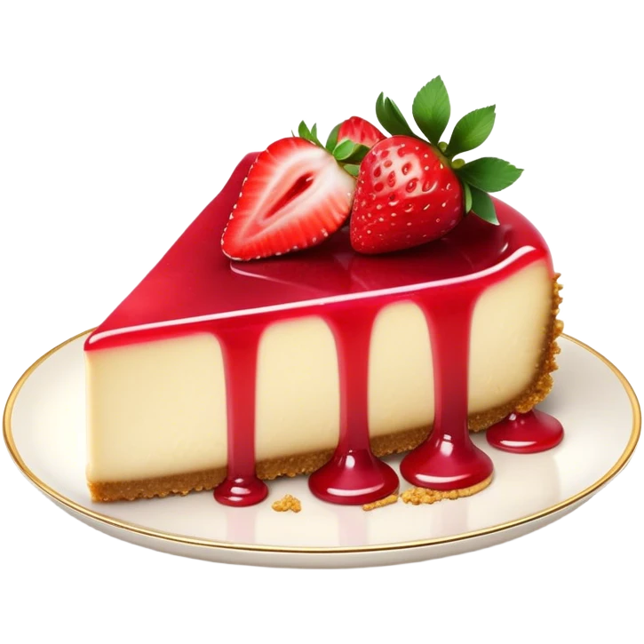 Cinematic creamy cheesecake, smooth and velvety, topped with fresh strawberries and a glossy fruit glaze, golden crumbly crust, beautifully plated, soft glowing background, indulgent and elegant. emoji
