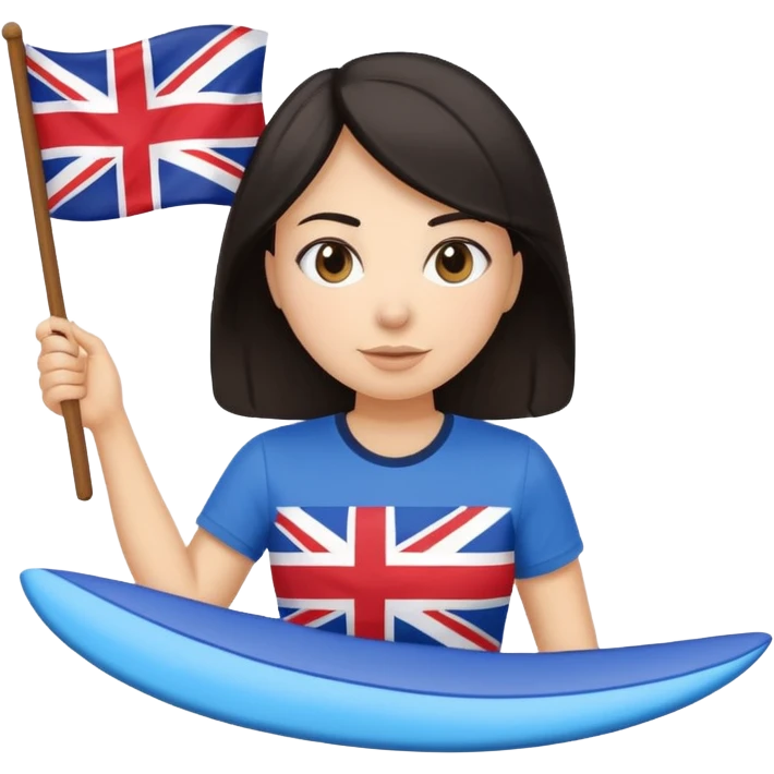 Woman teacher with dark hair in T-shirt with the UK flag surfing  emoji