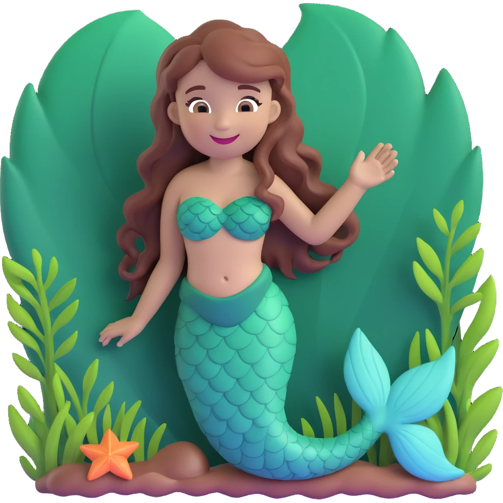 mermaid emoji with chestnut brown hair and a forest green tail, smiling and playful emoji
