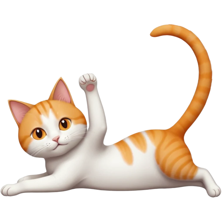 ginger and white cat with orange eyes doing a big extremely long stretch reaching up into the air with arms and legs side by side together straight and overextended whilst lying on its side emoji