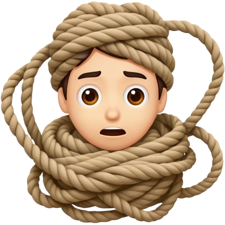 A cartoon person comically tangled and wrapped in rope with a silly surprised expression, looking confused emoji
