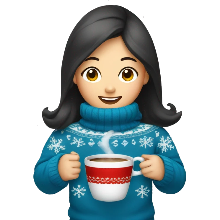 Asian girl drinking coffee wearing blue Christmas sweater emoji