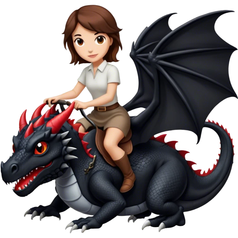 Me, a white female with brown hair, riding a black dragon with a tiny bit of red that has only two legs to your work emoji