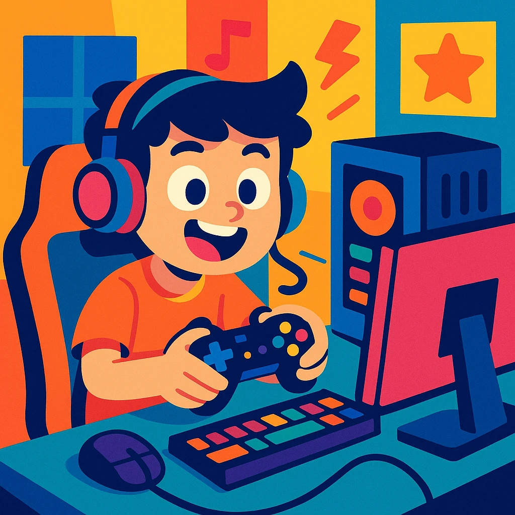 a young boy with a gaming setup, vibrant and playful style, colorful, energetic, fun, modern emoji
