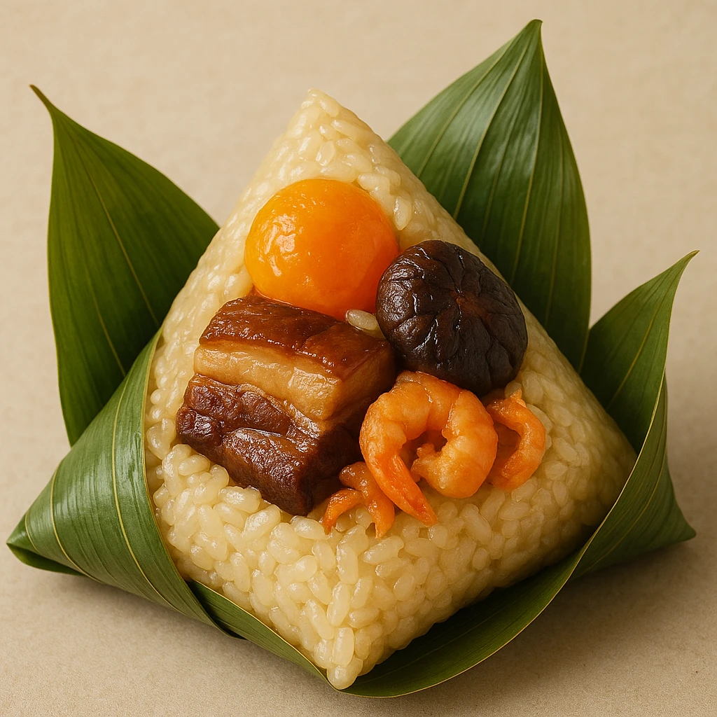 A zongzi with visible sticky rice, salted egg yolk, braised pork belly, mushroom, and dried shrimp filling, wrapped in green bamboo leaves, for Dragon Boat Festival. emoji
