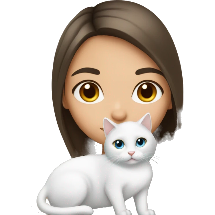 straight hair brunette girl kissing white cat with heterochromia eyes emoji