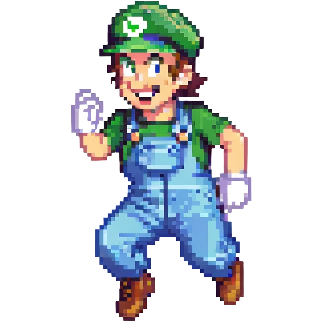 full body Luigi from Mario, classic green hat and blue overalls, jumping pose, pixel art style emoji