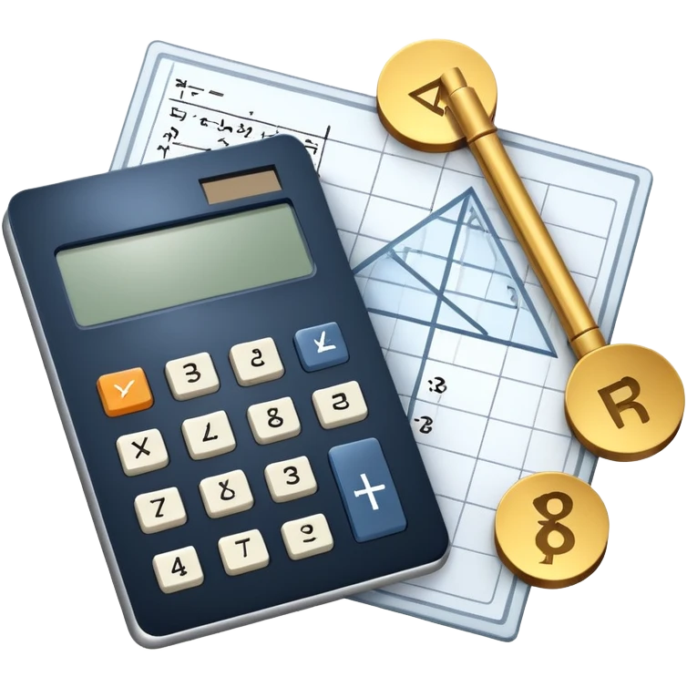 An icon featuring mathematical formulas, a calculator, geometric shapes, and the golden ratio with calculations, symbolizing mathematics. The design includes a ruler, and a graph, representing the study of numbers, equations, and spatial relationships. Transparent background emoji