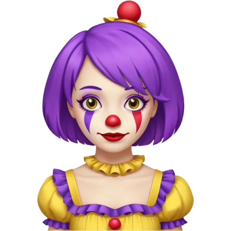 Clown girl with the human style. Has a purple wig, simple makeup, and a yellow dress emoji