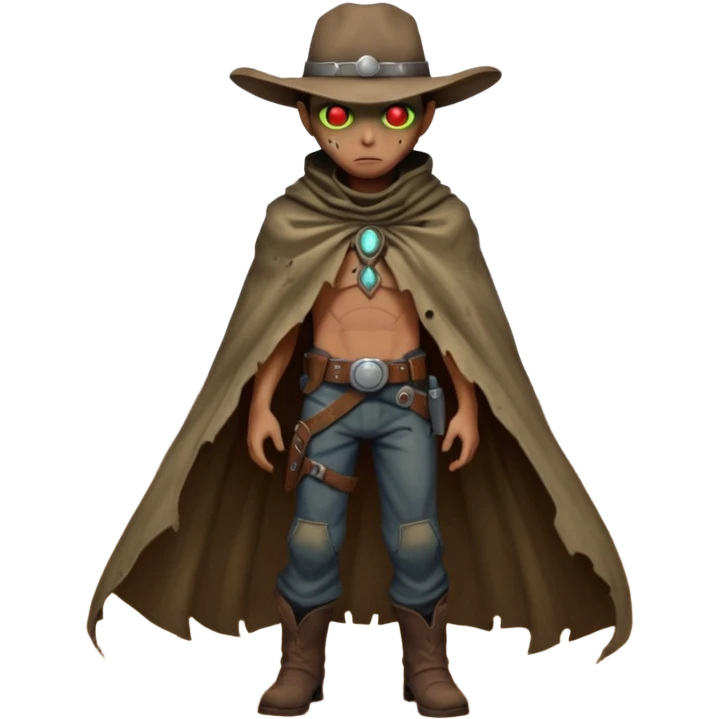 A rugged alien outlaw cowboy with scars and glowing red eyes, torn futuristic poncho, standing in a deserted alien town, dust blowing through empty streets, moody shadows, gritty sci-fi western realism
 emoji