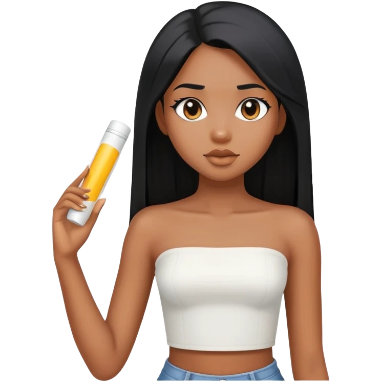 Black girl with an angular face and long straight black hair wearing a white tube top  emoji