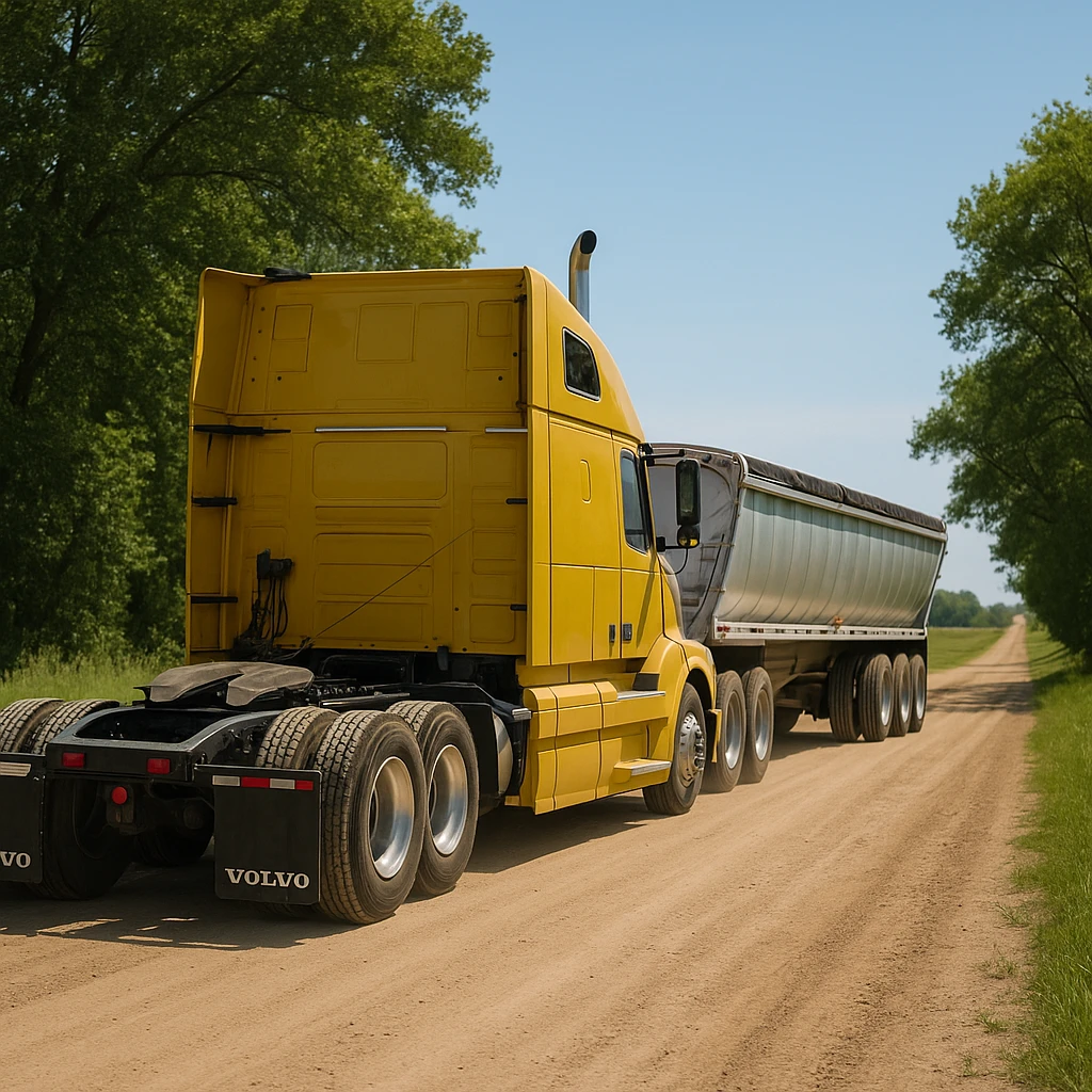 highly photorealistic rear three-quarter angle view of a Volvo yellow semi sleeper truck with a long silver end dump trailer, both in normal driving position, driving away down a rural dirt road lined with trees and grass, bright daytime lighting, clear sky emoji