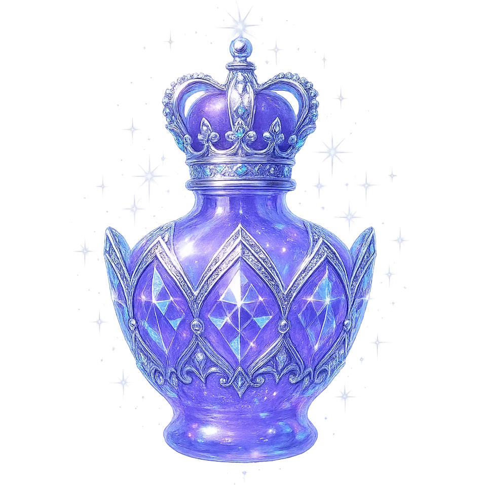 crown-shaped luxurious elixir bottle, color #7986cb, multi-layered holographic and silver details, intricate crystal facets, magical radiant glowing and sparkling effects, seamless and beautifully joined rounded and closed bottom (not flat or open), very small neck, transparent background, floating clearly in air, not standing, no base or shadow, modern, extremely beautiful, matching a collection emoji