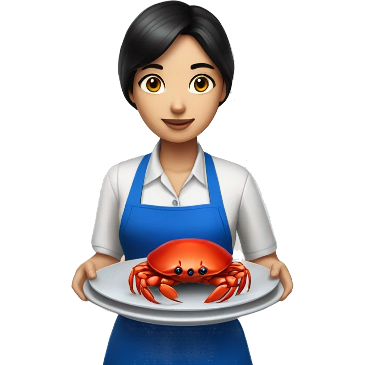waiter girl with black hair with fair skin in a blue apron holds crab in a plate emoji