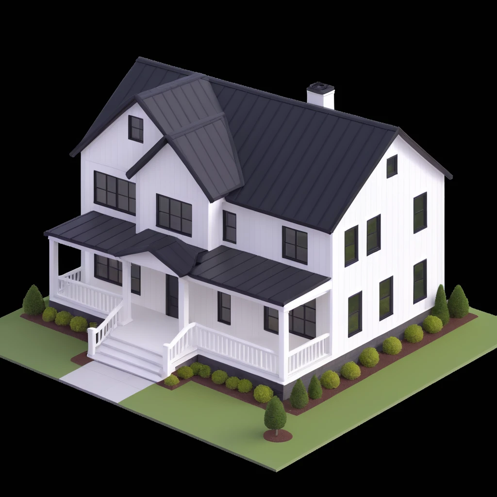 modern farmhouse with white siding, black roof and black trim, isometric exterior view emoji