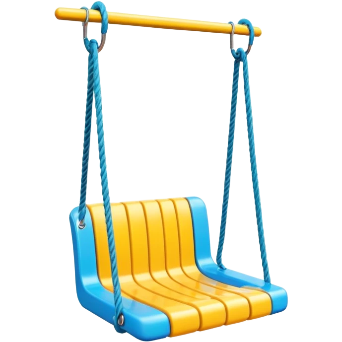 a colorful plastic swing with a safety bar in front, hanging from two ropes, glossy surface and soft shadows emoji