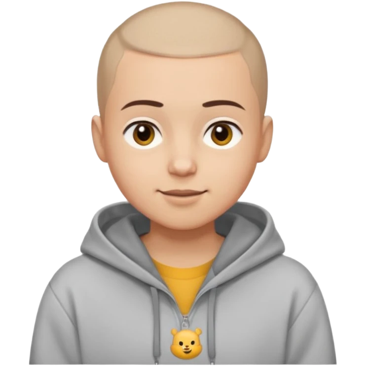 Light skin tone
Buzz cut (very short hair)
Thick, straight eyebrows
Big round brown eyes
Small closed-mouth smile
Wearing a grey hoodie over a white T-shirt emoji