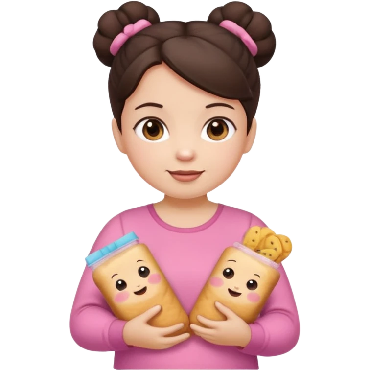 Cute small Toddler emoji with two buns dark brown hair, fair skin, in pink top, holding toddler snacks emoji