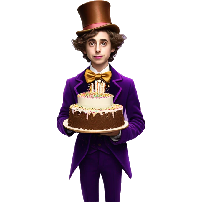 timothee chalamet as willy wonka carrying an extravagant birthday cake with a lot of layers and candels emoji