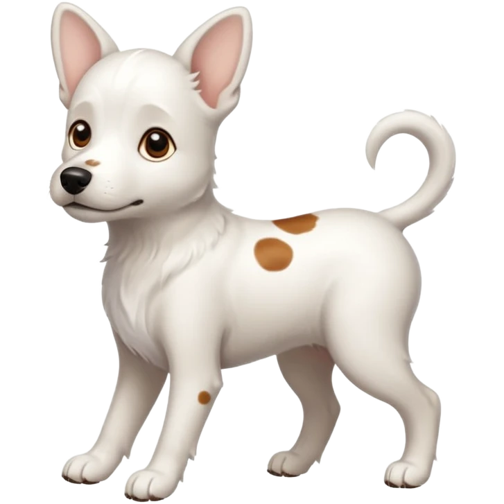 White midle dog Not fluffy with brown eyes and some long white body and white ears with brown spots curved on the sides , walking  emoji