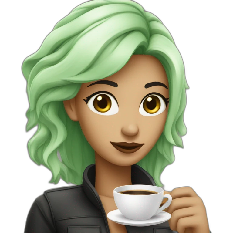 Mulher branca de olhos verdes e cabelo preto tomando café emoji