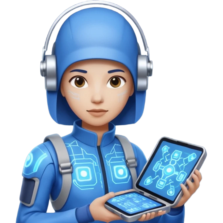 cybernetic person with digital toolkit, digital vibes, blue outfit, average skin color emoji