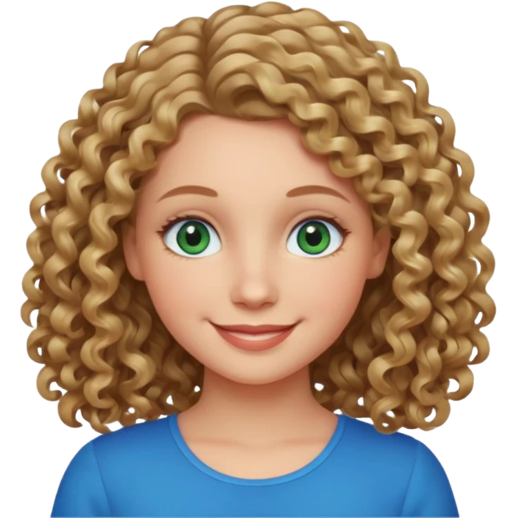 white girl with dark blonde curly hair, blue-green eyes, smiling, shoulder length hair emoji