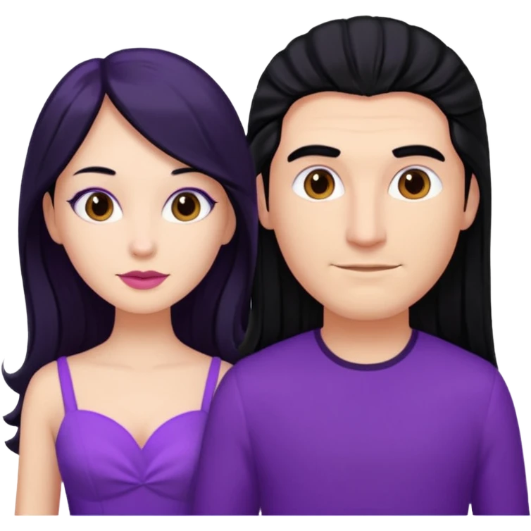 A couple in same outfit female with long hair and purple dress emoji