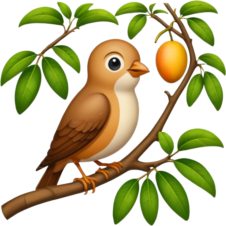 small bird nesting on a mango tree branch, peaceful environment, rural Bengal scene, emoji style emoji