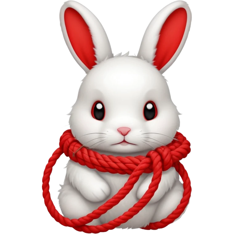 White bunny with red rope tangled around emoji