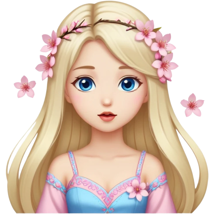 Turkish Girl with long blond hair with sakura accessories on her hair with a long tailed sakura dress on the ground and have blue eyes with beautiful finish and she sending lovely kisses  emoji