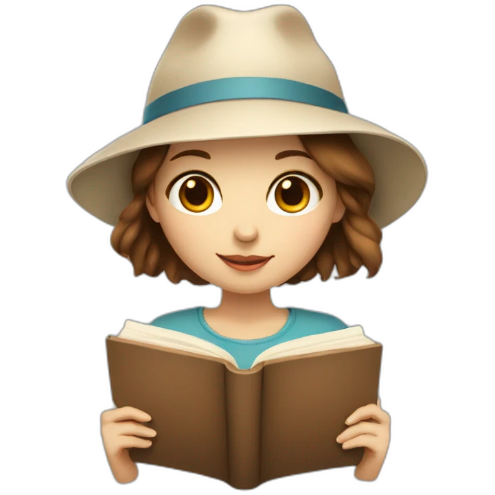 white skin, Girl with a hat, brown hair straight to the shoulders, holding a book emoji