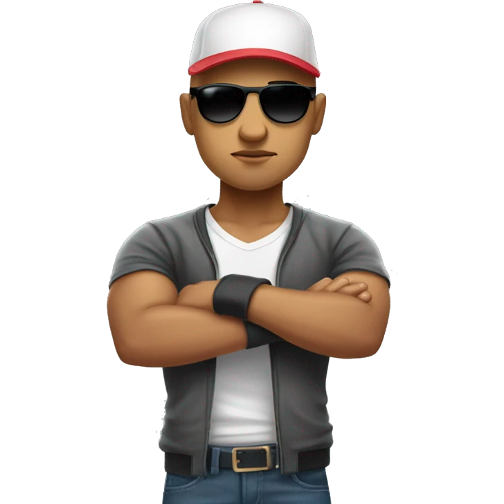 Bald Mexican young man with round face a baseball cap and dark cool sunglasses looking tough huge muscles emoji