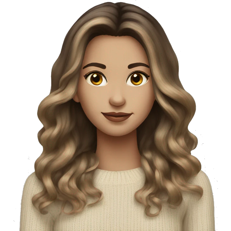 Brunette balayage long hair white women beige sweater emoji