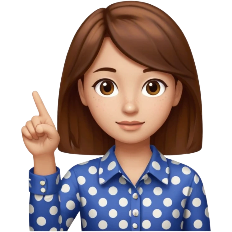girl wearing a polka dots  shirt style, and poiting witgh her hand, her hair brown  emoji