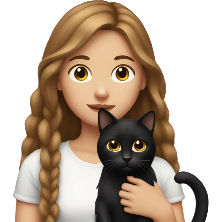 Girl with long brown hair holding a black cat emoji