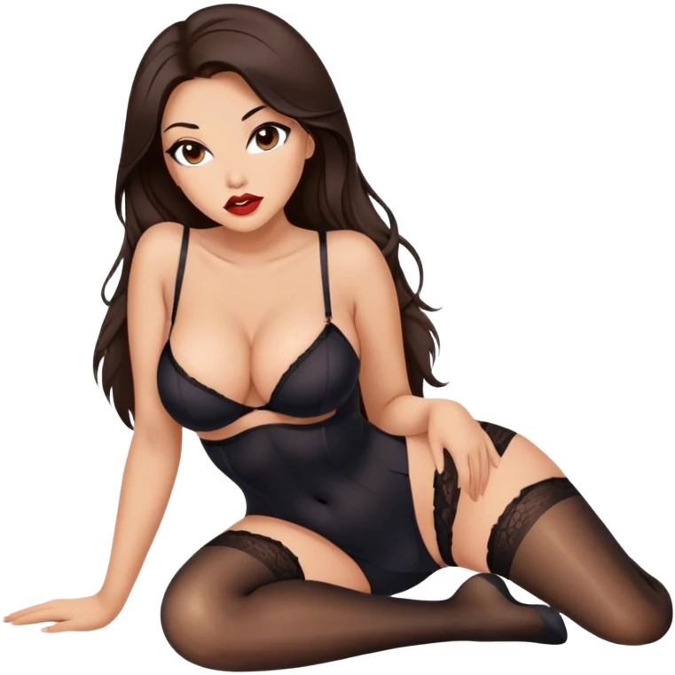 Beautiful Buxom brunette with full lips, long hair and brown eyes, intimate, sfw black nylon stocking pose emoji