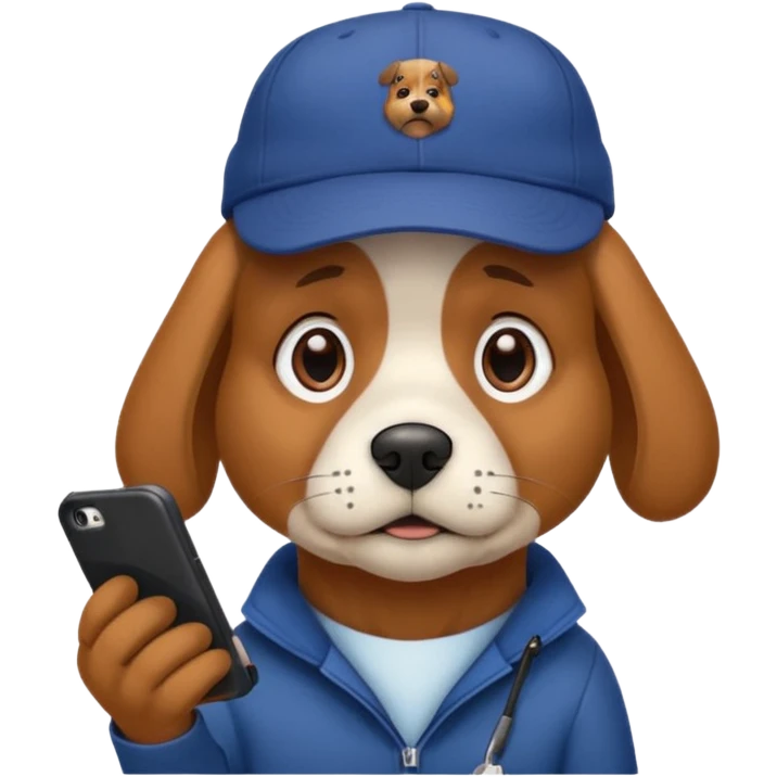dog with a DeGould branded cap who is sad at his mobile phone emoji