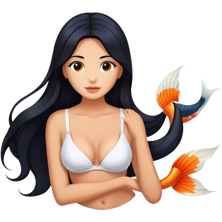 mermaid, long black hair tanned woman, koi fish tail, white shell bra. only mermaid emoji