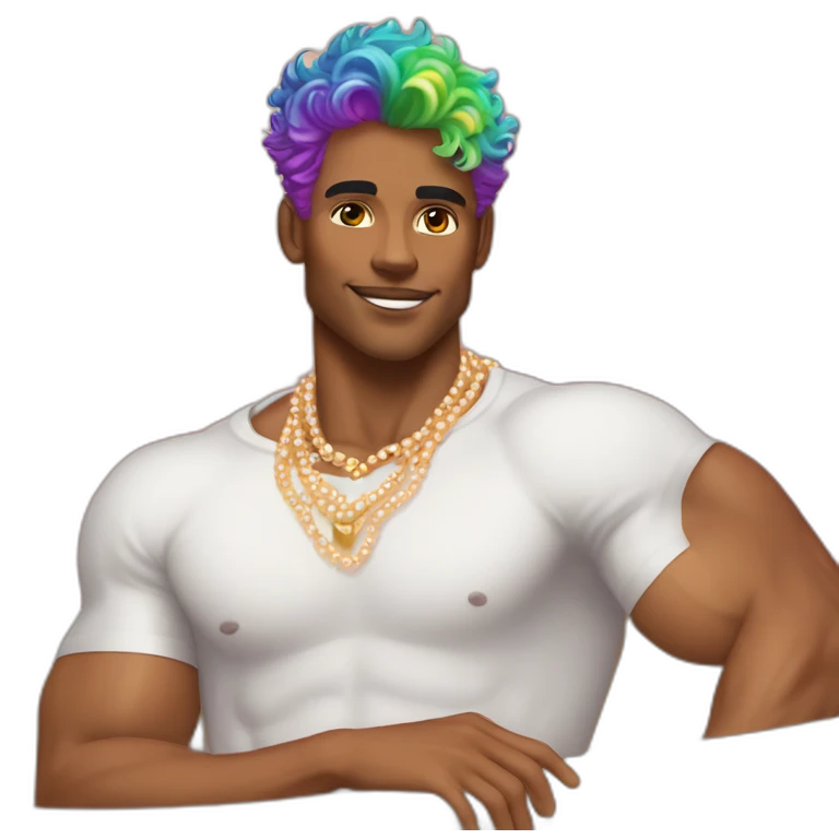posh-muscle-boy-with-pearl-necklace-and-rainbow-unicorn-hair-in-golden-bathtub emoji