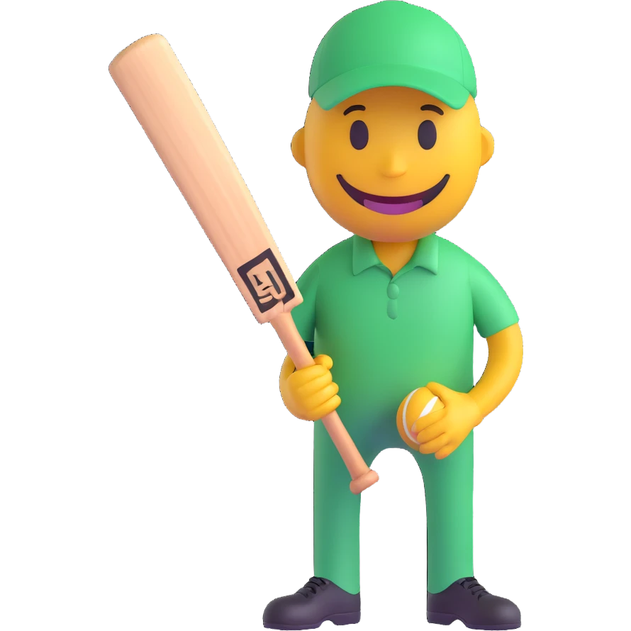 3D smiley emoji, round shape, holding cricket bat and ball, sporty face, transparent background (cricket) emoji