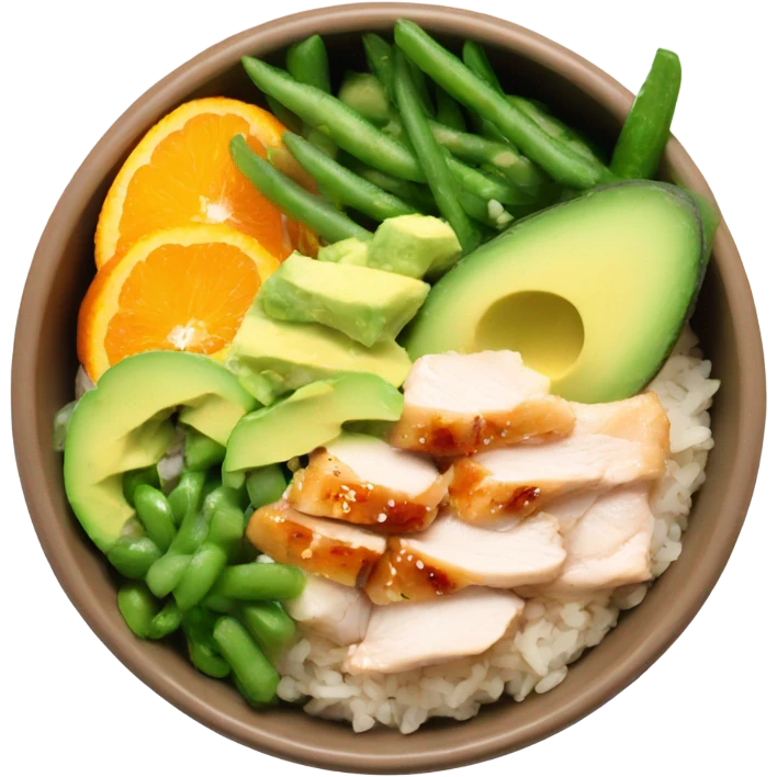 Poke bowl with chicken, avocado, orange, cucumbers and green beans emoji