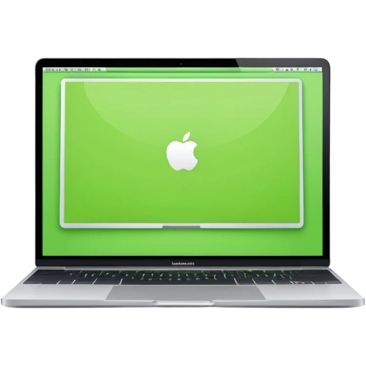 A macbook laptop front facing with its screen showing lime green screen with white paper overlapping outside the monitor . emoji