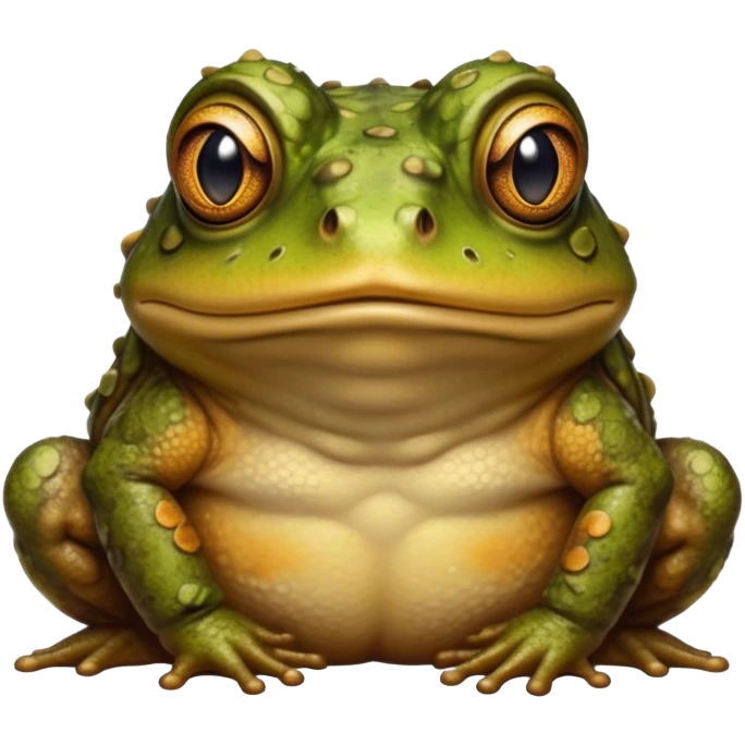 Cinematic Noble Toad Portrait Emoji, Poised and earthy, with a stout, robust build covered in textured, warty skin in warm, natural tones and deep, observant eyes, Simplified yet sharp and sophisticated features, highly detailed, glowing with a soft, natural mossy glow, high shine, intelligent and grounded, stylized with an air of rustic authority, focused and steady, soft glowing outline, capturing the essence of a watchful amphibian guardian that appears ready to leap out of the screen with effortless command! emoji